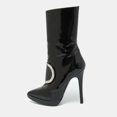 Pre-owned Versace Black Patent Leather Medusa Stamp Mid Calf Boots Size 35