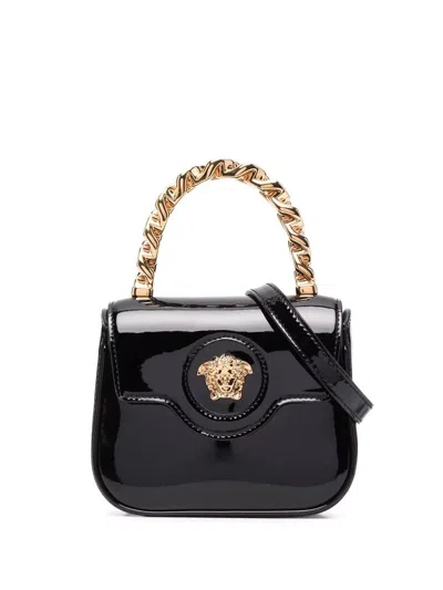 Versace Black Patent Leather Mini Handbag Featuring The Iconic Medusa Head