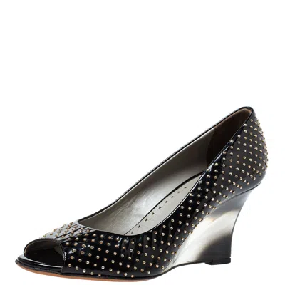 Versace Black Patent Studded Peep Toe Pumps