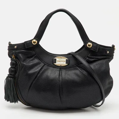 Pre-owned Versace Black Perforated Leather Tassel Shoulder Bag