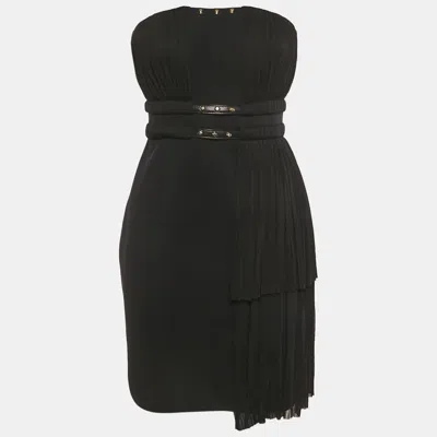 Pre-owned Versace Black Plisse Stud Detail Strapless Mini Dress M