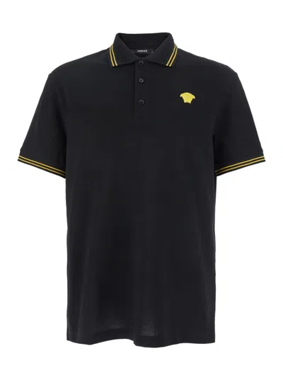 Versace Black Polo Shirt With Classic Collar And Medusa Embroidery