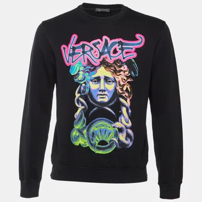 Pre-owned Versace Black Printed Cotton Crewneck Sweatshirt Xs