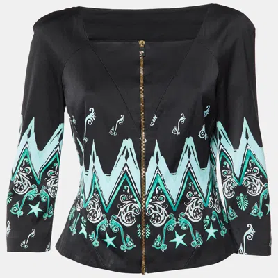 Pre-owned Versace Black Printed Zip-up Blouse Jacket L