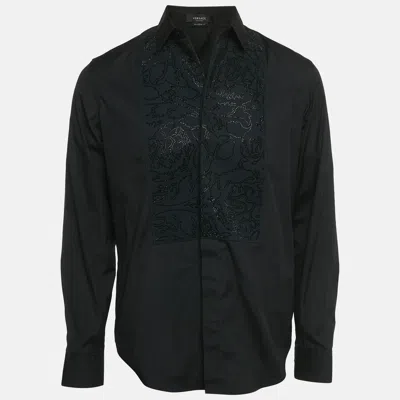 Pre-owned Versace Black Rhinestone Cotton Palazzo Fit Tuxedo Shirt M