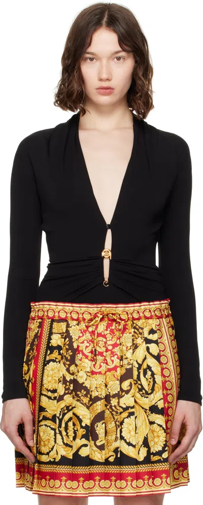 Versace Black Safety Pin Draped Fitted Bodysuit
