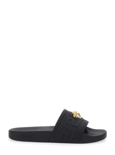 Versace Black Sandals With Medusa Plaque On The Front In Tech Fabric Man