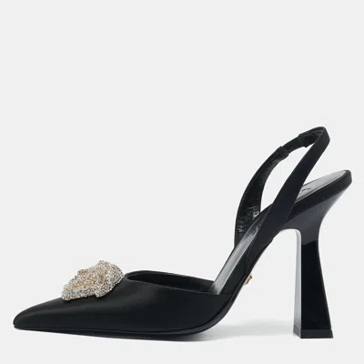 Pre-owned Versace Black Satin Crystal Embellished La Medusa Slingback Pumps Size 35.5