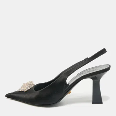 Pre-owned Versace Black Satin Crystal Embellished La Medusa Slingback Pumps Size 40