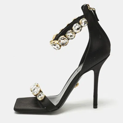 Pre-owned Versace Black Satin Crystals Embellished Ankle Strap Sandals Size 37