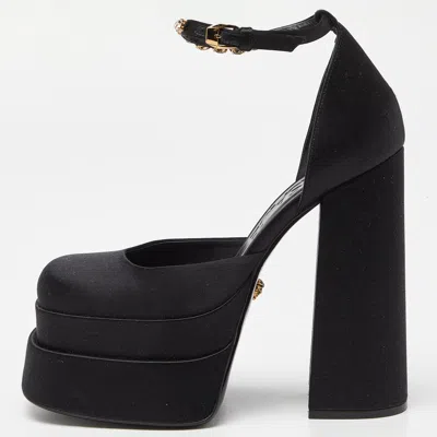 Pre-owned Versace Black Satin La Medusa Crystal Embellished Ankle Strap Block Heel Pumps Size 38.5