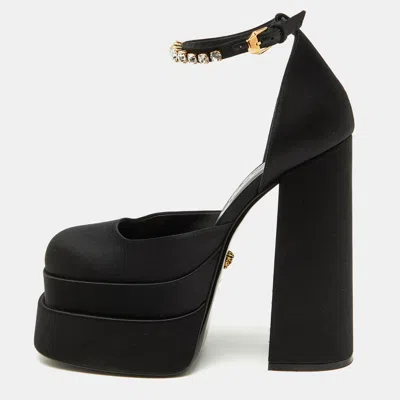 Pre-owned Versace Black Satin Medusa Aevitas Double Platform Pumps Size 38