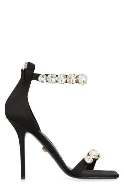 Versace Black Satin Sandals With Embellished Details And Stiletto Heels For Women