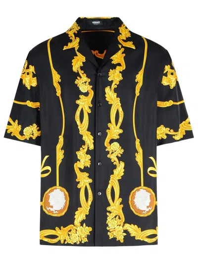 VERSACE BLACK SHIRT WITH CUBAN COLLAR AND ALL-OVER GRAPHIC PRINT