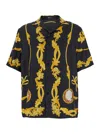 Versace Black Shirt With Cuban Collar And All-over Graphic Print In Silk Man