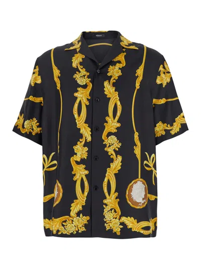 Versace Black Shirt With Cuban Collar And All-over Graphic Print In Silk Man