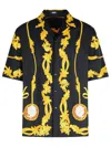 Versace Black Shirt With Cuban Collar And All-over Graphic Print In Silk Man