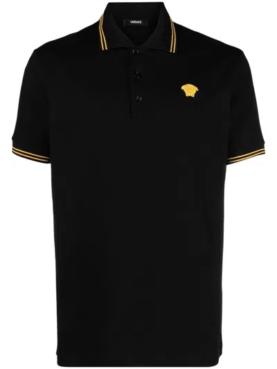 Versace Black Short-sleeved 'medusa' Polo Shirt Made Of Cotton Piqué