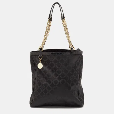 Pre-owned Versace Black Signature Fabric And Croc Embossed Leather Chain Shopper Tote