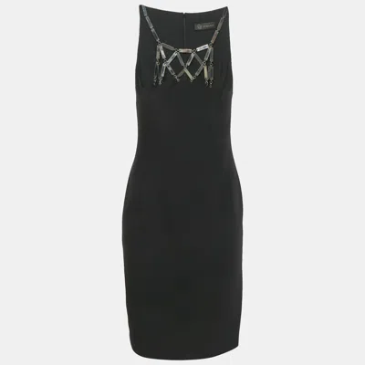 Pre-owned Versace Black Silk Metal Detail Short Dress S