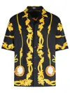 Versace Black Shirt With Cuban Collar And All-over Graphic Print In Silk Man In Black