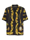 Versace Black Shirt With Cuban Collar And All-over Graphic Print In Silk Man In Black