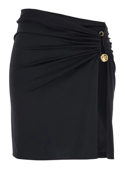 VERSACE BLACK SKIRT WITH PIN DETAIL WITH LOGO AND SIDE SLIT IN TECH FABRIC STRETCH WOMAN