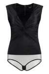 VERSACE BLACK SLEEVELESS BODYSUIT WITH DECORATIVE FRONT KNOT FOR WOMEN