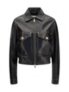 Versace Leather Collared Coat Front Pockets Stitching In Black