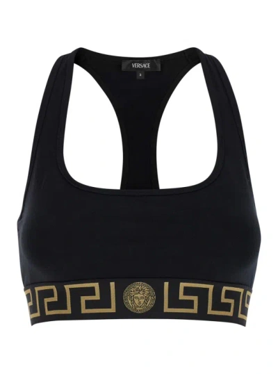 Versace Black Sports Bra With Greca And Medusa Detail In Stretch Cotton