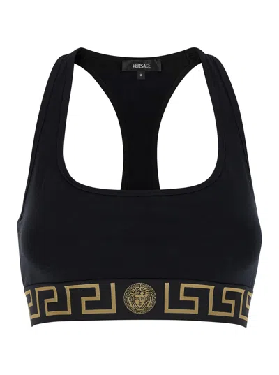 Versace Black Sports Bra With Greca And Medusa Detail In Stretch Cotton Woman