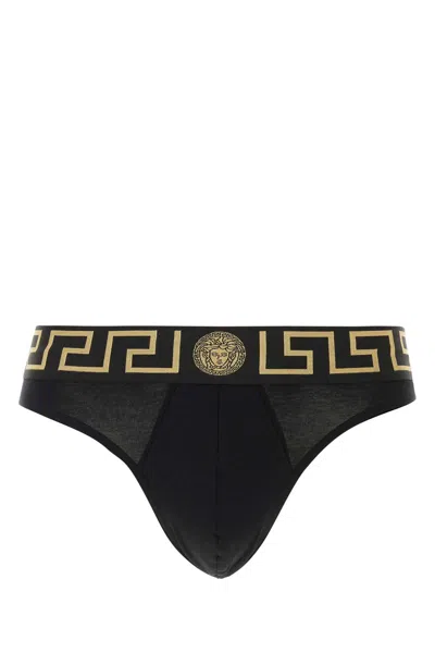 Versace First Line Logo Stretch Cotton Thong In Black