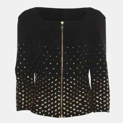 Pre-owned Versace Black Stretch Crepe Gold Metal Applique Cropped Cardigan M