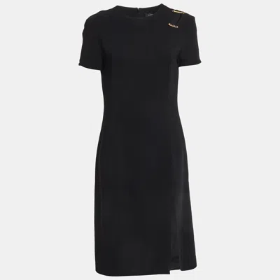 Versace Black Stretch Crepe Logo Safety Pin Detail Midi Dress