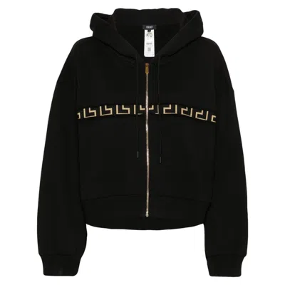 Versace Cotton Hoodie With Greek Key Pattern In Black
