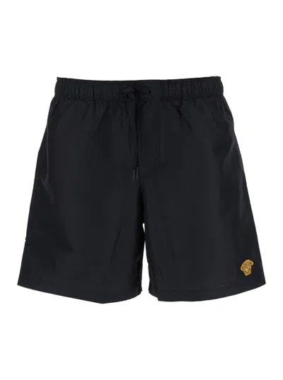 VERSACE BLACK SWIM SHORTS WITH ELASTIC DRAWSTRING WAIST AND MEDUSA EMBROIDERY ON THE FRONT IN TECH FABRIC MA