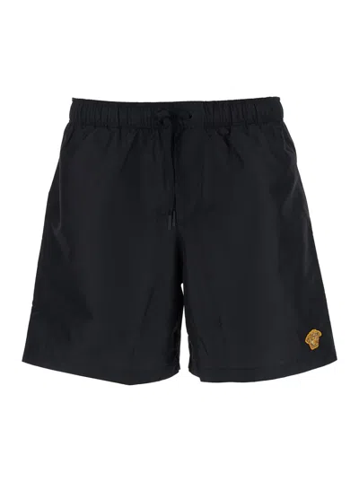 VERSACE BLACK SWIM SHORTS WITH ELASTIC DRAWSTRING WAIST AND MEDUSA EMBROIDERY ON THE FRONT IN TECH FABRIC MA