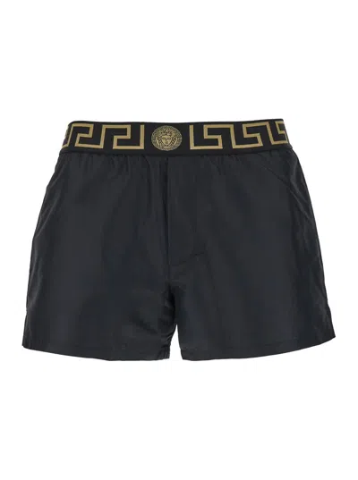 Versace Black Swimsuit Shorts With Greca Detail In Tech Fabric Man