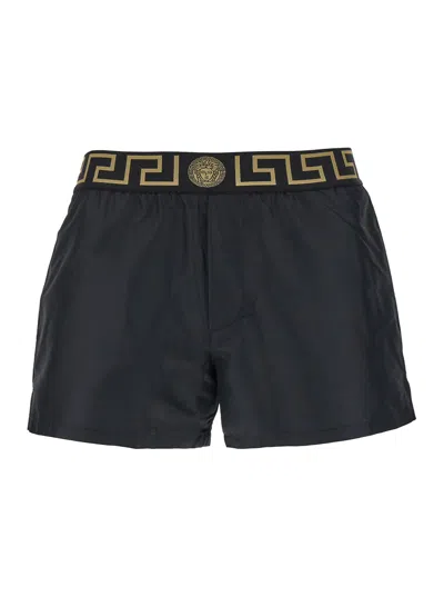 Versace Black Swimsuit Shorts With Greca Detail In Tech Fabric Man