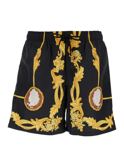 Versace Black Swimsuit With All-over Cameo Print In Tech Fabric Man In Multicolor