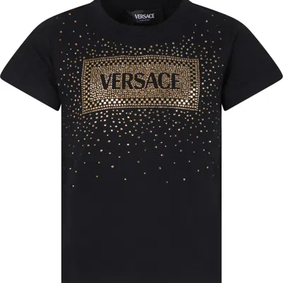 Versace Kids' Black T-shirt For Girl With Logo And Crystals