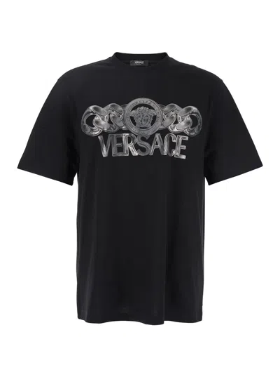 VERSACE VERSACE BLACK T-SHIRT WITH MEDUSA HEAD LOGO PRINT ON THE FRONT IN COTTON MAN
