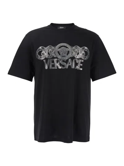 Versace Black T-shirt With Medusa Head Logo Print On The Front In Cotton Man