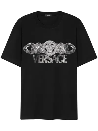 VERSACE VERSACE BLACK T-SHIRT WITH MEDUSA HEAD MOTIF AND CHAIN-LINK PRINT