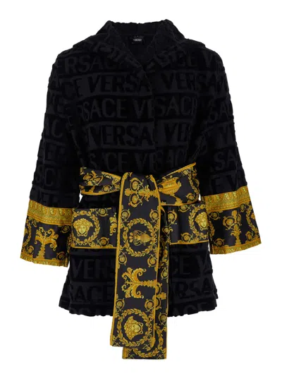 VERSACE BLACK TERRY COTTON BATHROBE WITH BAROQUE PATTERN