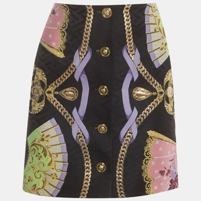 Pre-owned Versace Black Ventagli Print Metallic Jacquard Buttoned Mini Skirt Xs