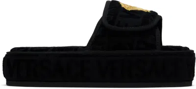 VERSACE BLACK 'VERSACE' ALLOVER SLIPPERS