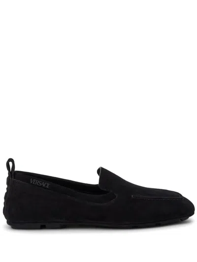 Versace Logo-plaque Suede Loafers In Black