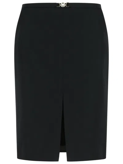 Versace Virgin Wool Skirt Front Slit Belt Detail In Black