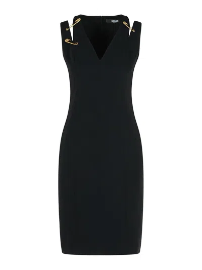 Versace Medusa Safety Pin Cutout Sleeveless Techno Cady Dress In Black